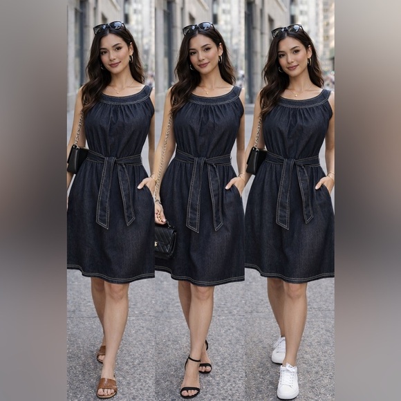 Emma & Michele Dresses & Skirts - Emma & Michele Dark Denim Belted Midi Sleeveless Dress Casual Summer Size 8